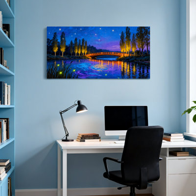 Paysage, nature, ciel nocturne, pont, rivière, étoiles, arbres, lumières, réflexion