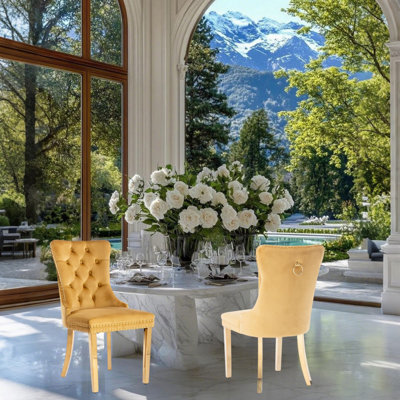 Jaqua Velvet Dining Chair Tufted Dining Room Side Chair with Solid Gold Plated Leg (Set of 2)