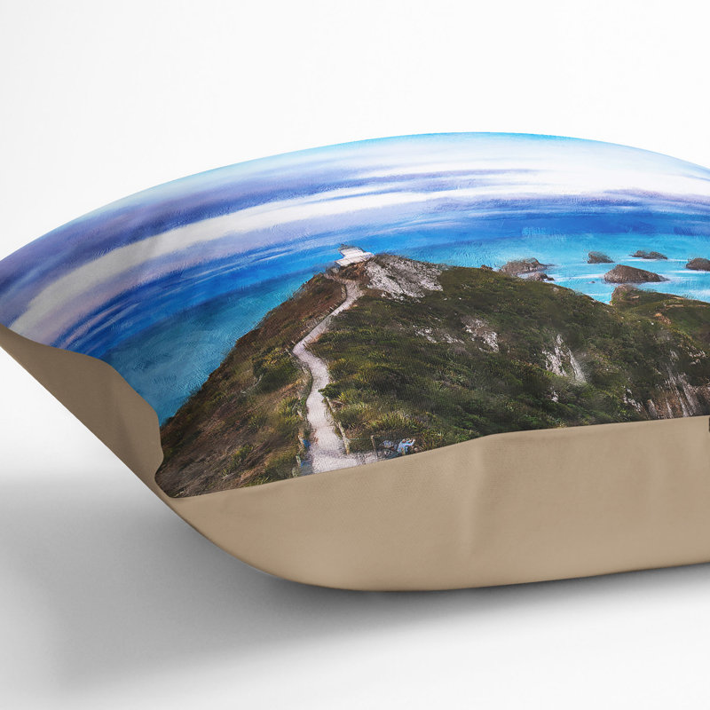 Lighthouse and Seascape New Zealand Painting Cushion with Filling, 40cm H x 40cm W x 15cm D, Stone