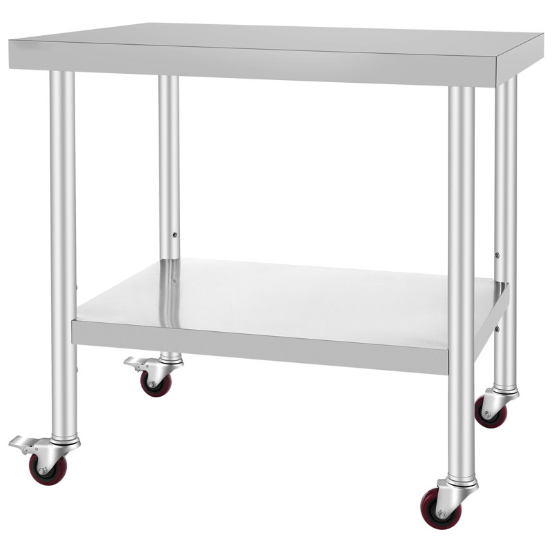 Table de travail 30 po x 36 po x 34 po en acier inoxydable avec tablette réglable à 3 niveaux avec 4 roulettes