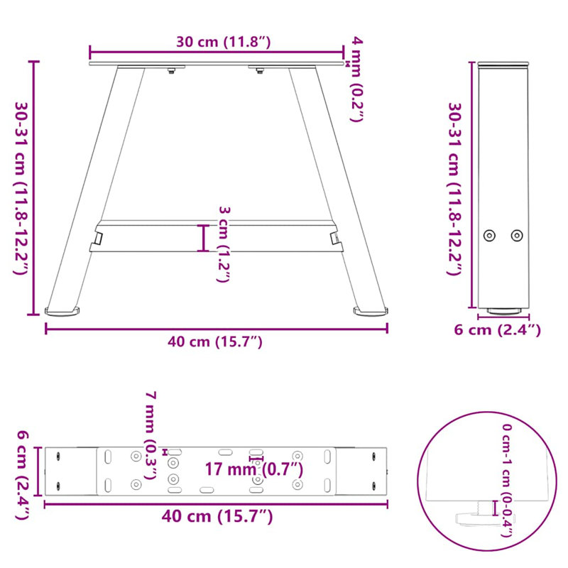 Coffee Table Leg Steel Adjustable Height, Anthracite, 11.8" H x 15.7" D