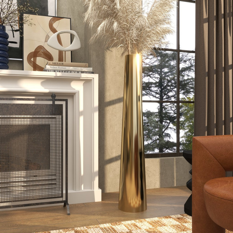 Grand vase décoratif en métal en acier inoxydable Tavistock, H 48 po x l 9 po x P 9 po, Doré