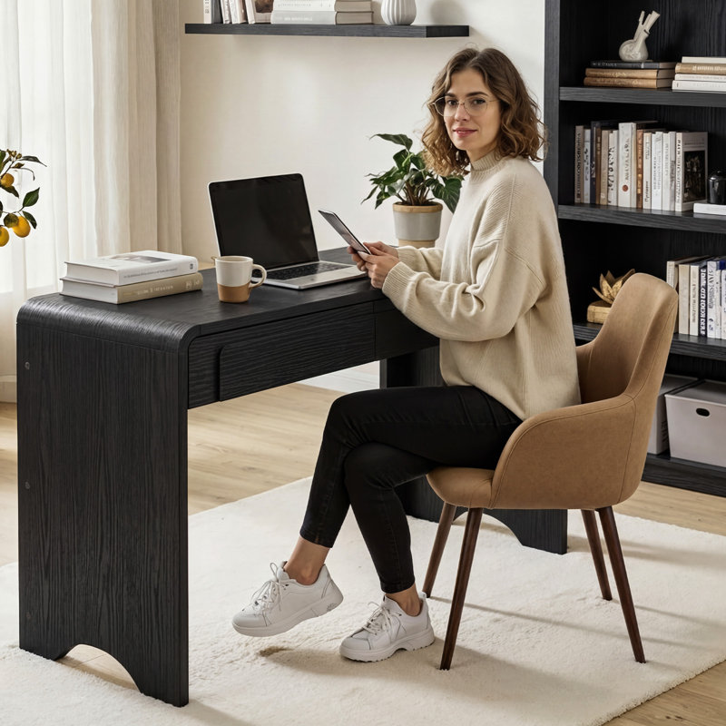 Abdulkareem 47 Inch Office Desk with 2 Storage Drawers, Curved Waterfall Modern Writing Desk, Minimalist Home Office Desk for Study, Black