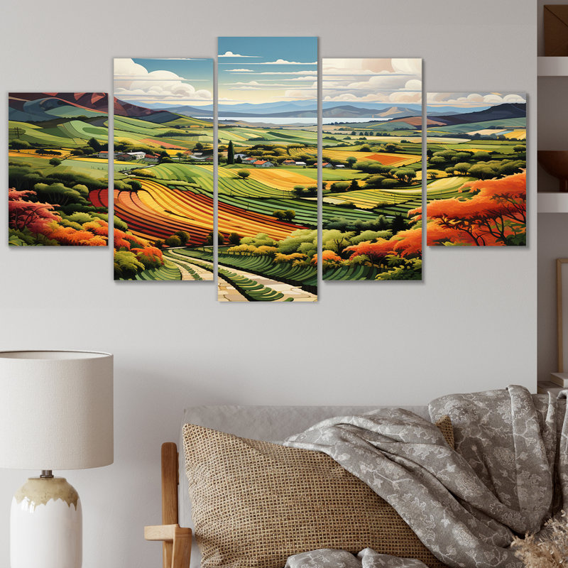 Rangée de vignobles verts et orange - Rubis décoratifs muraux - 5 panneaux
