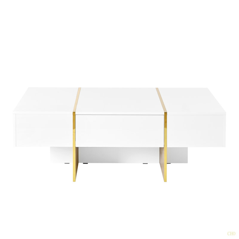 Table basse 47,2 po x 31,4 po minimaliste ultra-brillante avec 2 tiroirs, table de canapé rectangulaire multi-rangement avec pieds en grain, table de centre moderne pour le salon