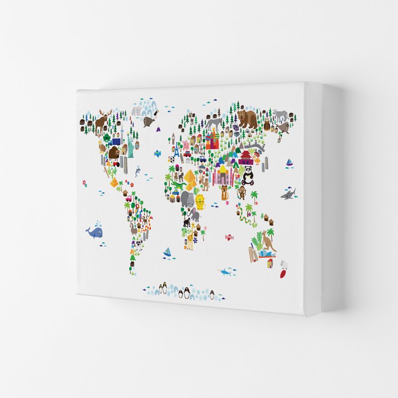 Animal Map Of The World Nursery by Michael Tompsett - Print, 21cm H x 29.7cm W x 4cm D, Wrapped Canvas