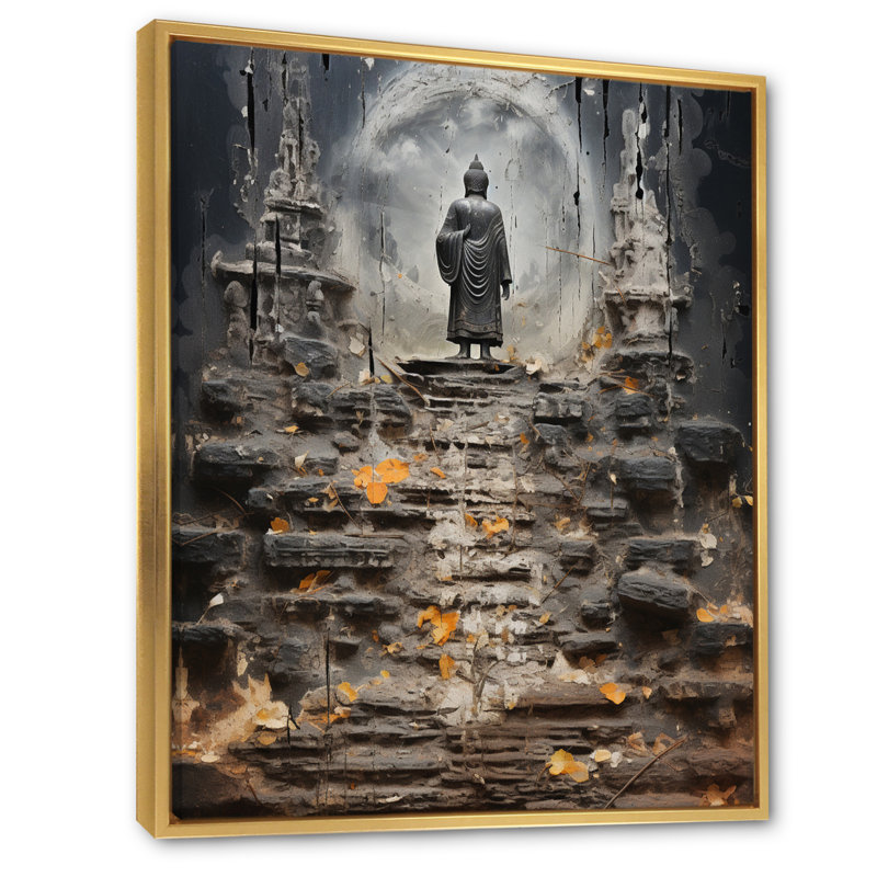«Moffie Gray Buddhism Buddhas Footprints II», reproduction d'art sur toile, H 44 po x l 34 po x P 1,5 po, Cadre flottant doré