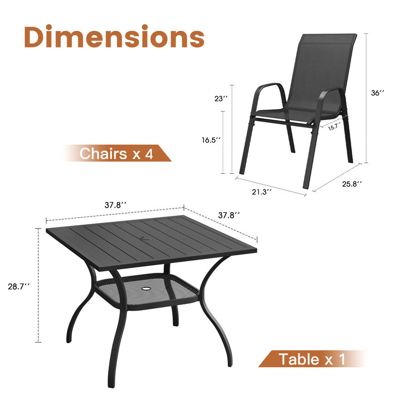 4-Person Square Patio Dining Set With Stackable Chairs, Black