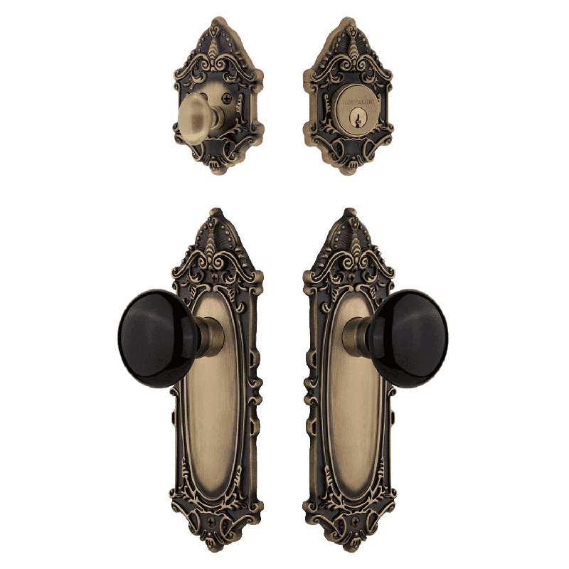 Nostalgic Warehouse Victorian Entry Set with Porcelain Knob, Antique Brass/Black, 2.75