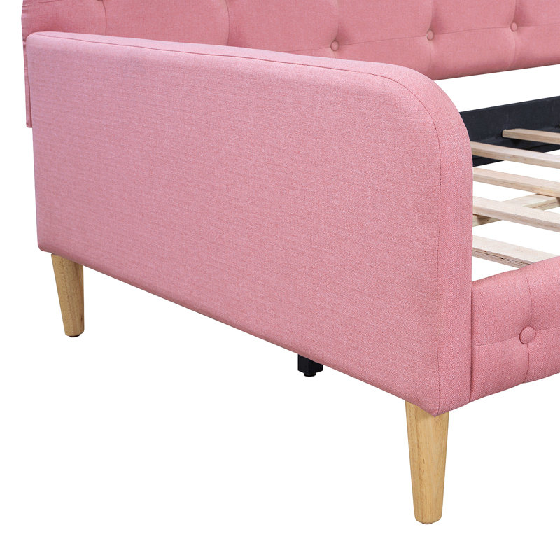 Lit de jour simple rembourré avec 4 pieds de soutien, Rose