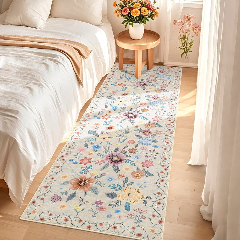 Floral Machine Washable Rug for Living Room Romantic Indoor Carpet for Home Decor Aesthetic Non-Slip Rug for Bedroom Dining Room Office Nursery Playroom Teen Dorm