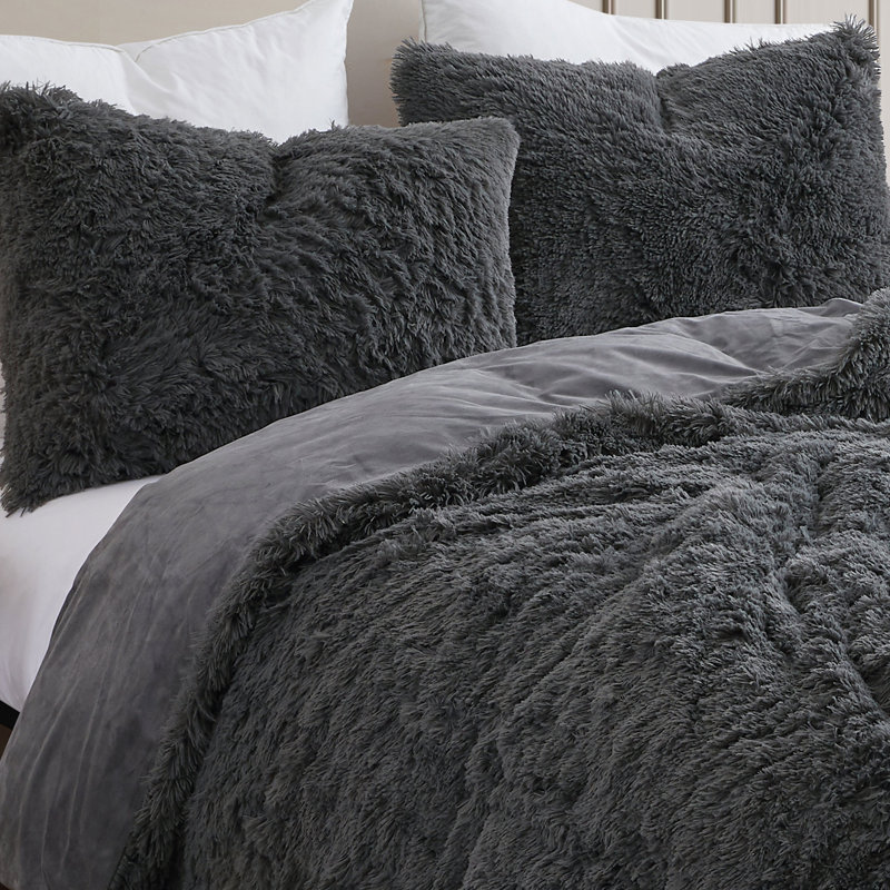 3 Piece Plush Shaggy Comforter Set Ultra Soft Luxurious Faux Fur Decorative Bedding, Queen Comforter + 2 Shams, Dark Gray