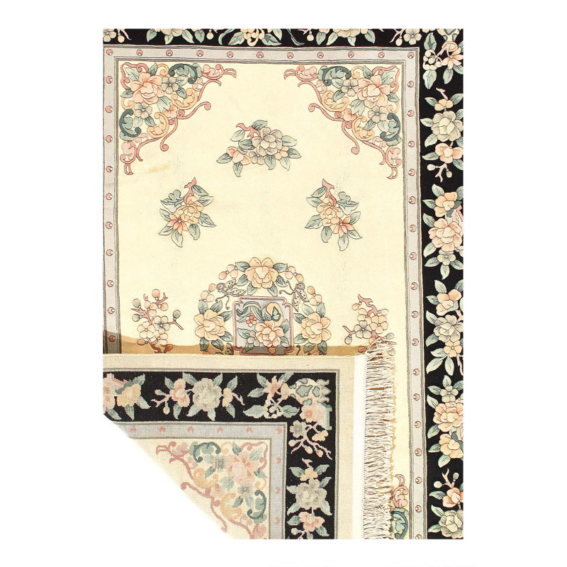 Tapis oriental noir / ivoire en coton / laine 8 pi 5 po x 5 pi 6 po Oriental