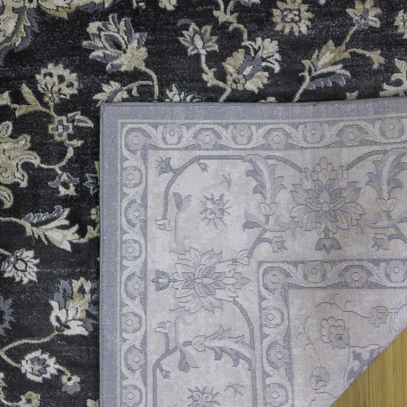 Tapis à bordure médaillon marine / gris Laeh Lamar, Rectangle 8 pi 9 po x 13 pi 1 po