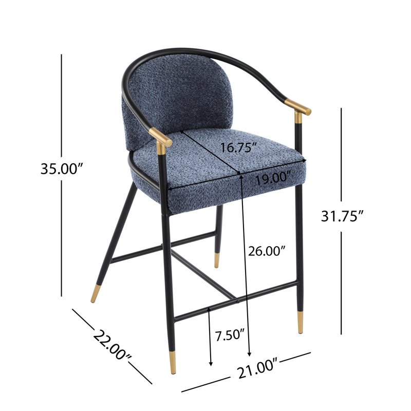 Tabouret de comptoir rembourré bleu marine de 26 po de hauteur - structure en métal, conception simple, assise confortable de 2 tabourets avec garniture dorée d'aspect moderne, assemblage rapide
