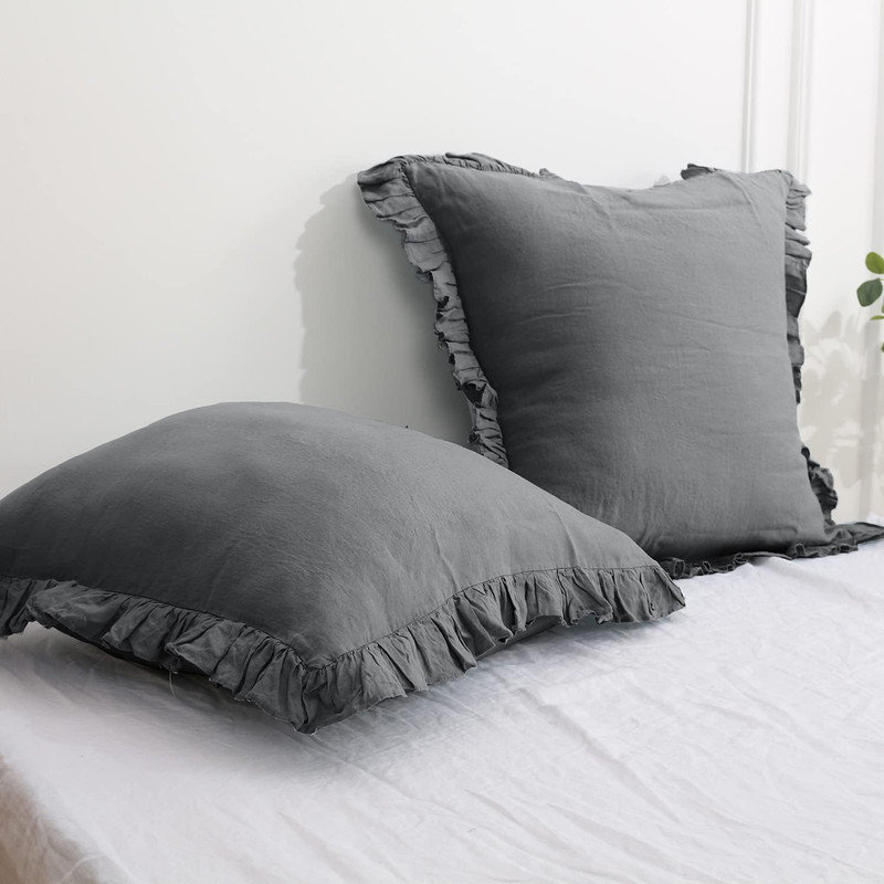 100% Linen Euro Sham Covers With Ruffle, 2Pcs Pillow Covers 26X26 Inches, Dark Gray