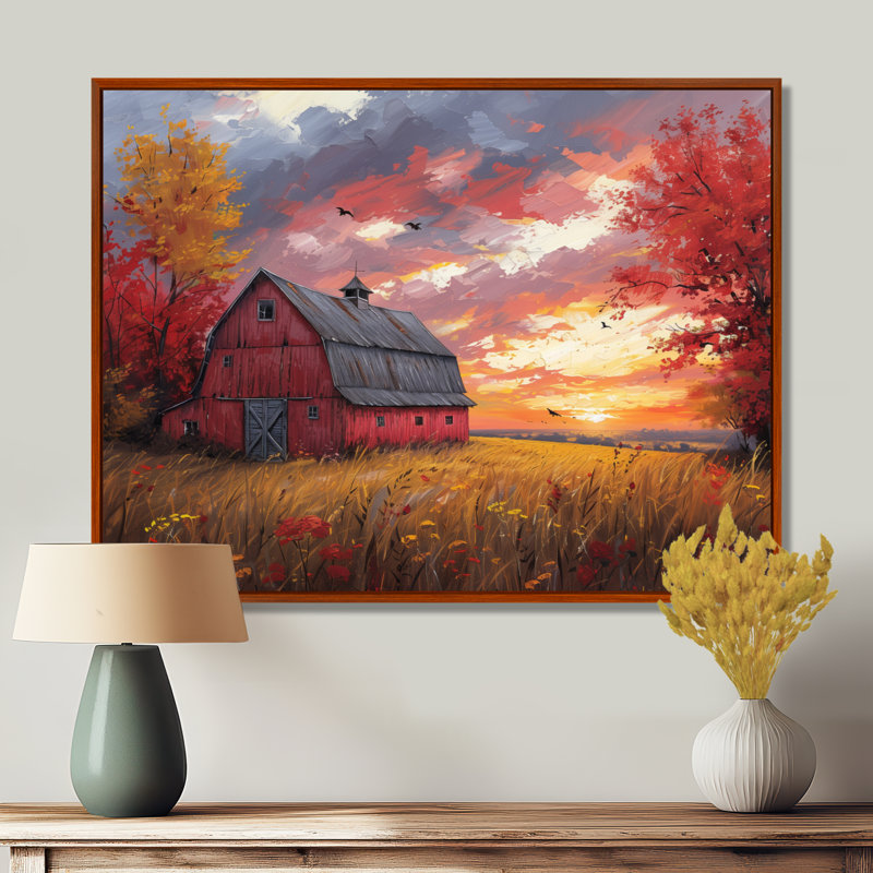 «Autumn Red Barn Breeze II» - reproduction d'art murale grange, Toile avec cadre flottant brun, H 34 po x l 44 po x P 1,5 po