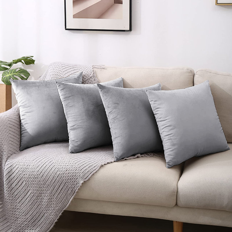 Square Luxury Velvet Throw Cushion Covers for sofa, couch set of 4, Silver