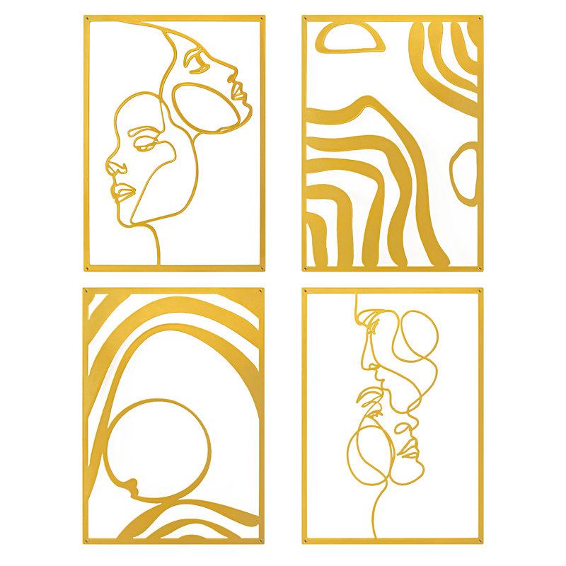 Metal Wall Art Décor,Morden Wall Art for Living Room Bedroom Hallway Dining Room, Line Art Wall Décor,Set of 4, Gold