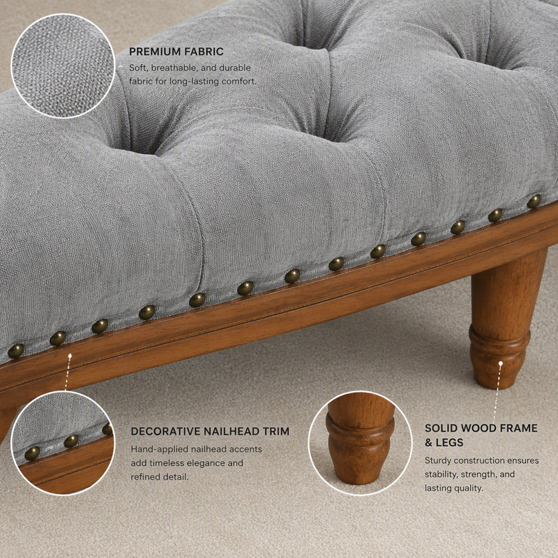 Banc rembourré en bois massif, banc de bout de lit avec accoudoirs roulés, repose-pieds capitonné avec garniture cloutée classique