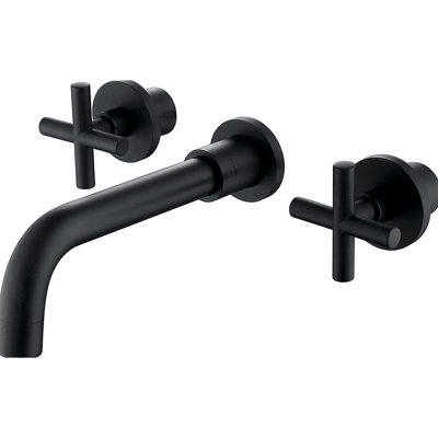 Robinet de salle de bain mural à deux poignées en noir mat - Rouille, corrosion, égratignure, ternissure, débit de débit de 1,5 gallon par minute, bec de 8 po de hauteur, plaque de plate-forme de 7 po de portée centrale, ensemble de drain, conduite d'alimentation