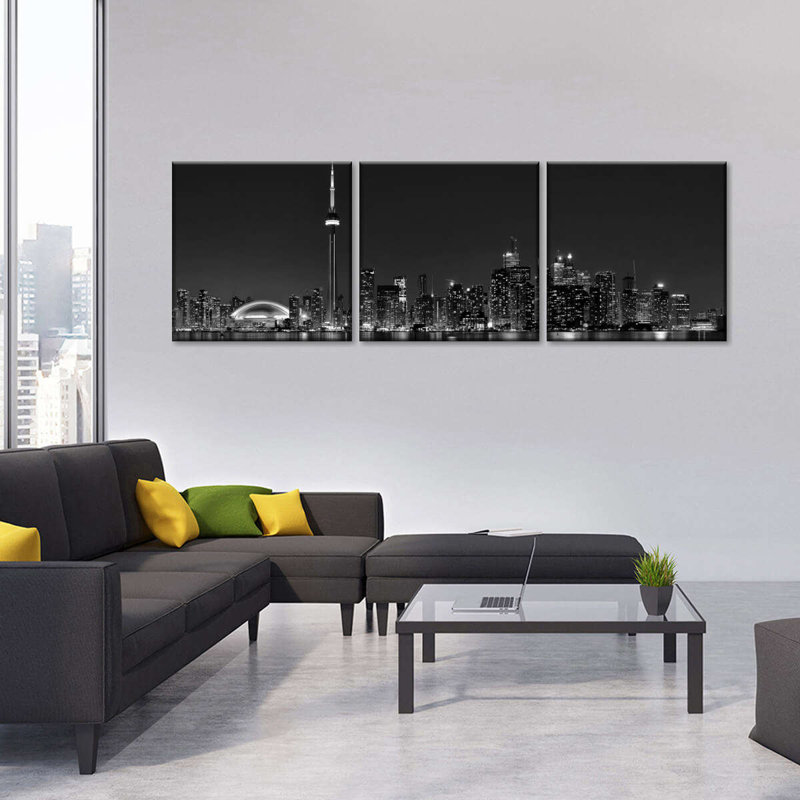 Toronto, ensemble de 3 pièces monochromes sur toile, H 30 po x l 92 po x P 1,25 po