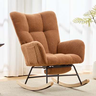 Ensemble de fauteuil berçant et repose-pieds à oreilles en tissu Teddy, chaise berçante d'allaitement avec poche de rangement latérale, mouvement coulissant en douceur, base en bois massif sécuritaire, fauteuil d'appoint confortable pour le salon, br