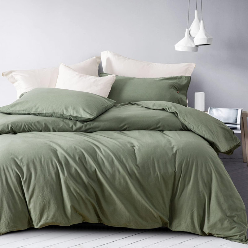 Cotton Sateen Duvet Cover, Queen Duvet Cover + 2 Standard Shams, Green