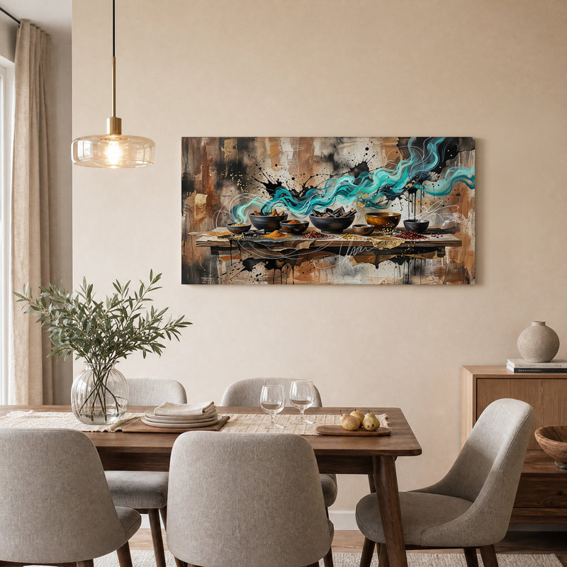 "Spice Bowls" avec sarcelle fumée, art mural abstrait, L 32 po x H 16 po
