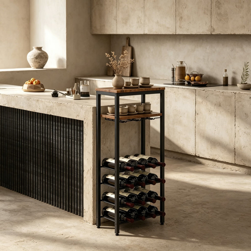 Support à vin autoportant avec porte-verres et plateau de table - peut contenir 16 bouteilles, design industriel rustique, rangement multifonctionnel et armoire de présentation pour la cuisine, la salle à manger ou le bar personnel