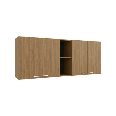 Armoire murale H 24 po, quatre portes, deux tablettes de rangement ouvertes, deux tablettes internes, porte-assiettes et rangement en verre