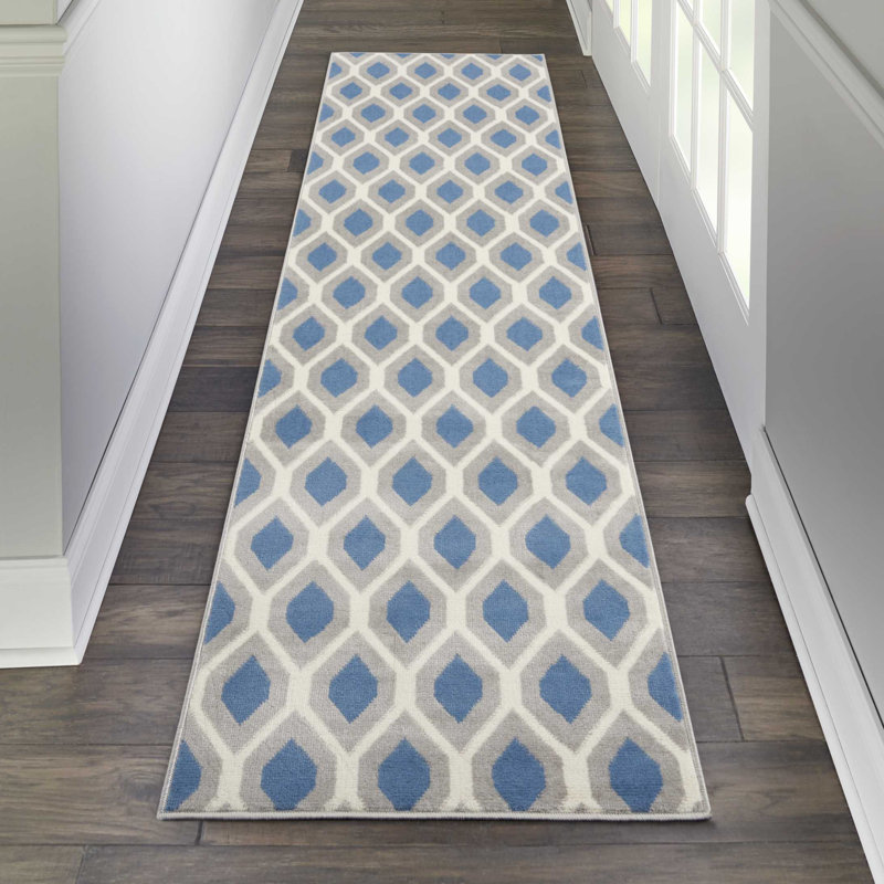 Tapis géométrique bleu / ivoire Horley, Tapis de couloir 2 pi 3 po x 7 pi 6 po