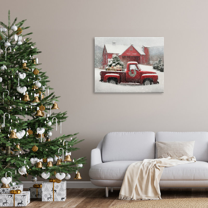 «Tree Farm», camion rouge, neige enneigée, averses de neige encadrées, art texturé noir par Lori Deiter, Toile tendue