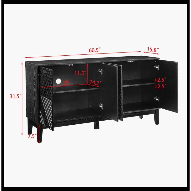 Farmhouse Fluted Buffet Cabinet And Sideboard With Storage, Mid Century Modern TV Stand, Black, Black