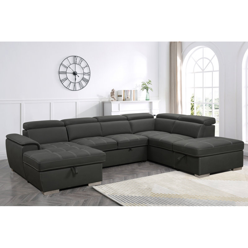 Narender 127.5''  U Shape Firm Sectional Sleeper Sofa Flared Arms Sectional Sofa with Pull Out Bed ,Adjustable Headrest and Ottoman