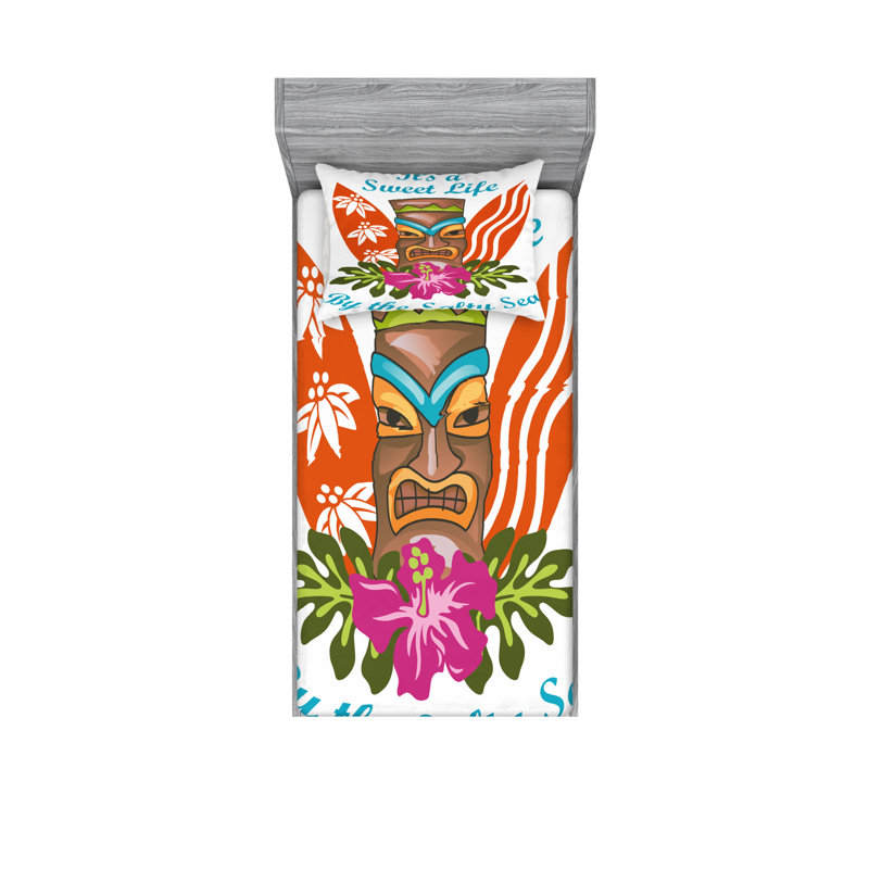Ensemble de draps «Life by the Salty Sea» avec tiki et fleur d'hibiscus, Ensemble de draps pour lit simple TG avec drap-hou