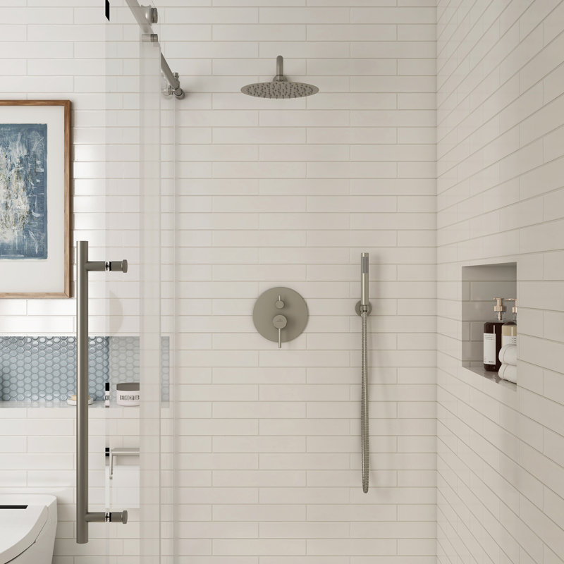 Système de douche complet à pression équilibrée avec pomme de douche à effet de pluie de 10 pouces, soupape à main, valve brute