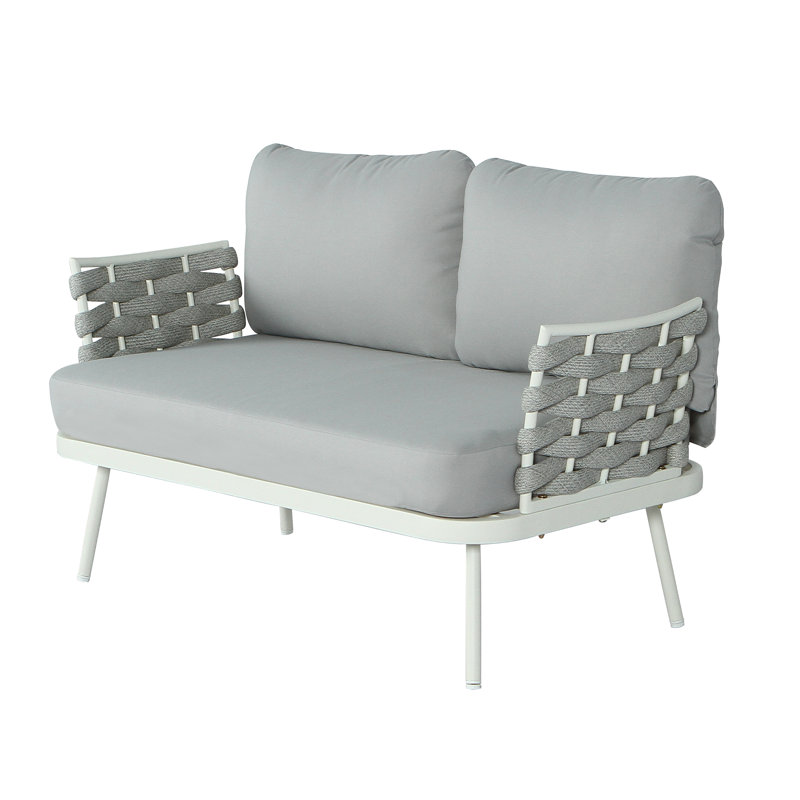 Causeuse en acier avec accoudoirs en corde tissée et table basse, Gris, Blanc