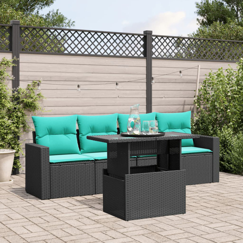 Ensemble de canapé de patio 5 pièces avec coussins en rotin de polyester, Bleu clair, Noir