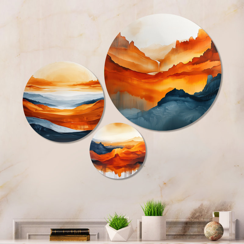 «Fading Autumn Mountain Landscape I», ensemble d'art mural en métal imprimé sur 3 montagnes orange