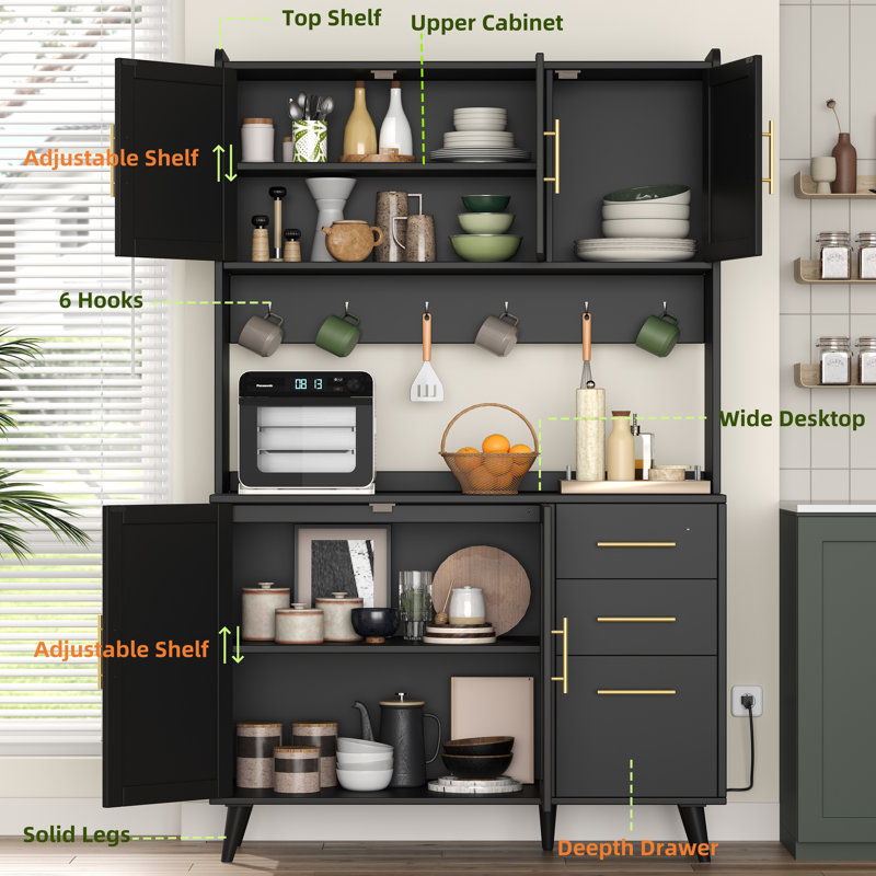 Armoire de cuisine de 70,9 po avec tablette à micro-ondes George Oliver, huche de cuisine moderne avec station de charge, grande armoire de plancher avec tiroirs et portes