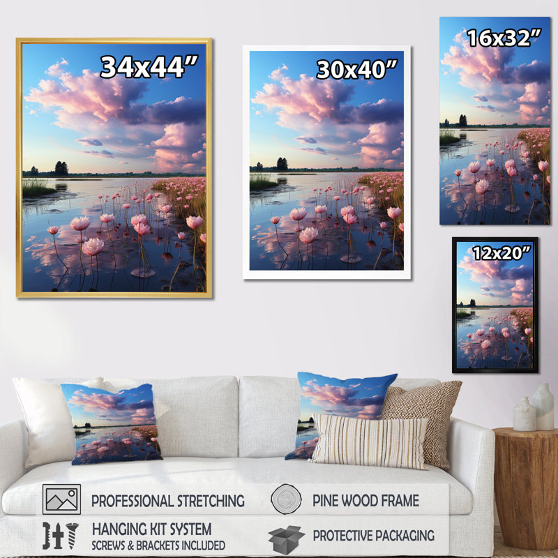 «Pink Blue Sky Celestial Beauty Mute II», impressions sur toile florales, Cadre photo noir, H 40 po x l 30 po x P 1,5 po