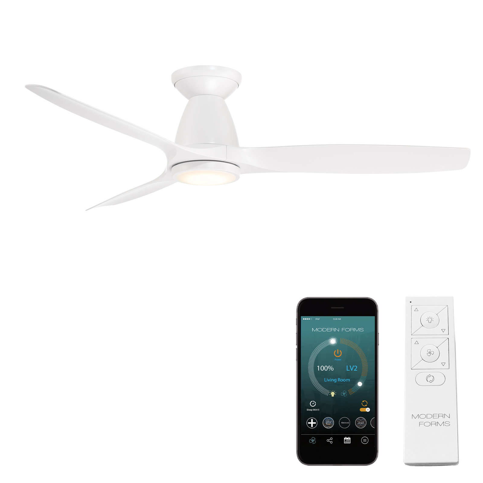 Skylark 54" 3 - Blade Outdoor LED Smart Flush Mount Ceiling Fan with Remote Control and Light Kit Included , Matte White