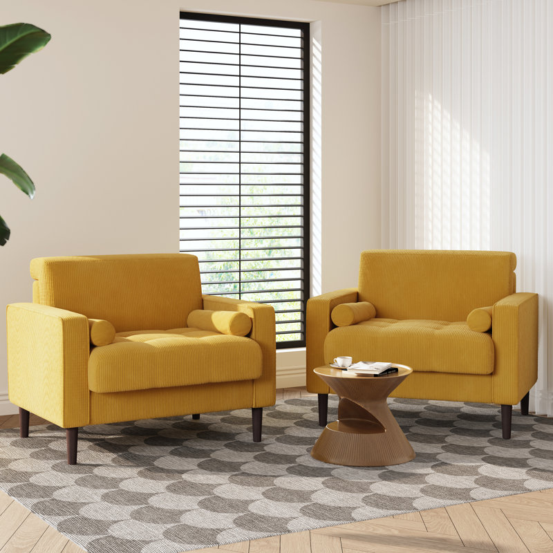 Iliana 34.6'' Wide Square Arm Tufted Club Chair with 2 Pillows, Yellow Corduroy
