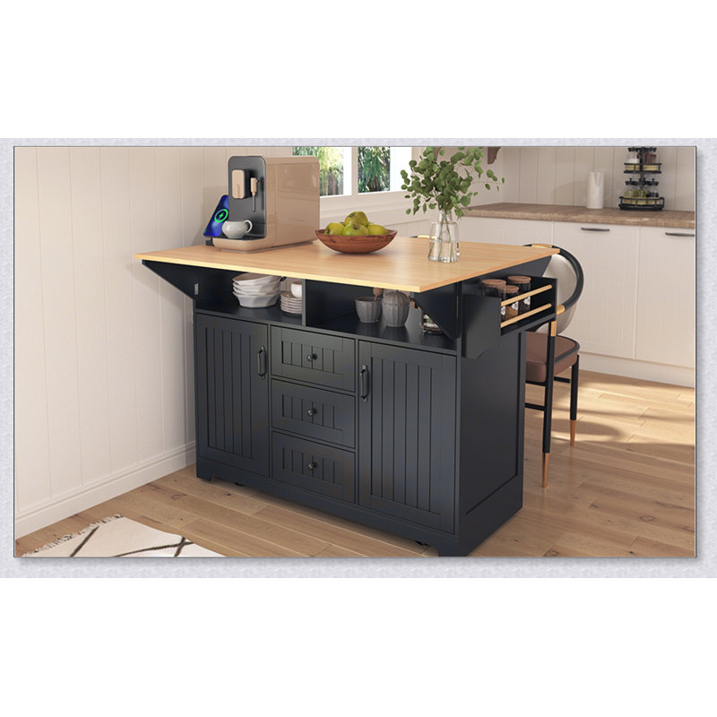 55.7'' Large Kitchen Island with 2 Drop Leaf, Rolling Cart on 5 Wheels, Power Outlet, and Spacious Storage for Dining and Cooking