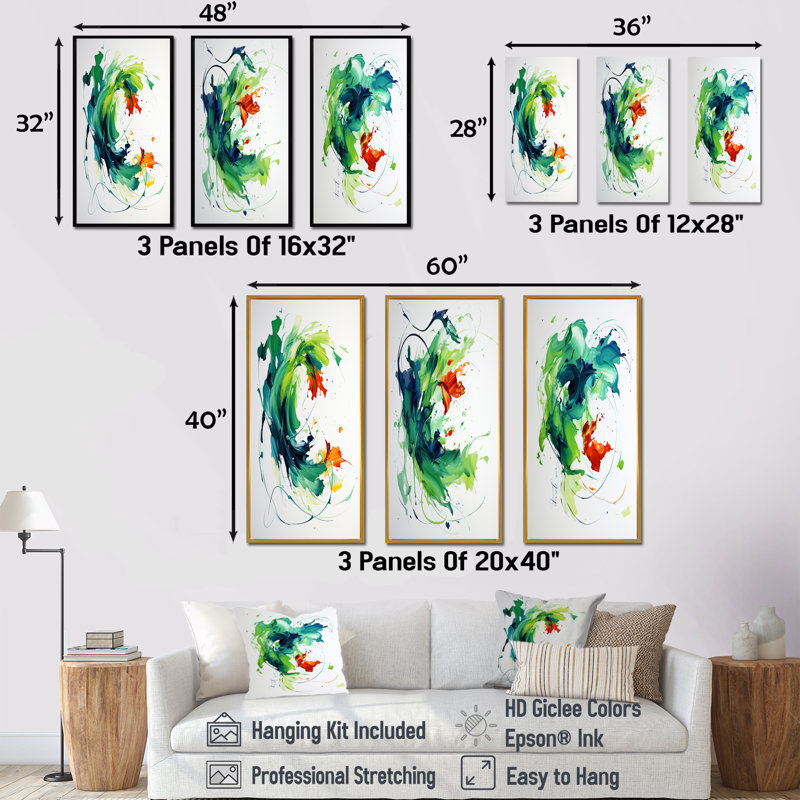 «Green and White Abstract Expression Peinture I», ensemble de 3 reproductions d'art mural, Cadre flottant blanc