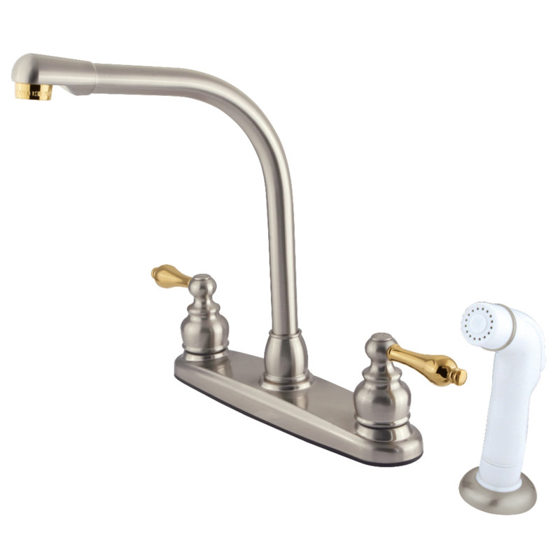 Victorian Centerset Double Handle Kitchen Faucet, Brushed Nickel, With Spray