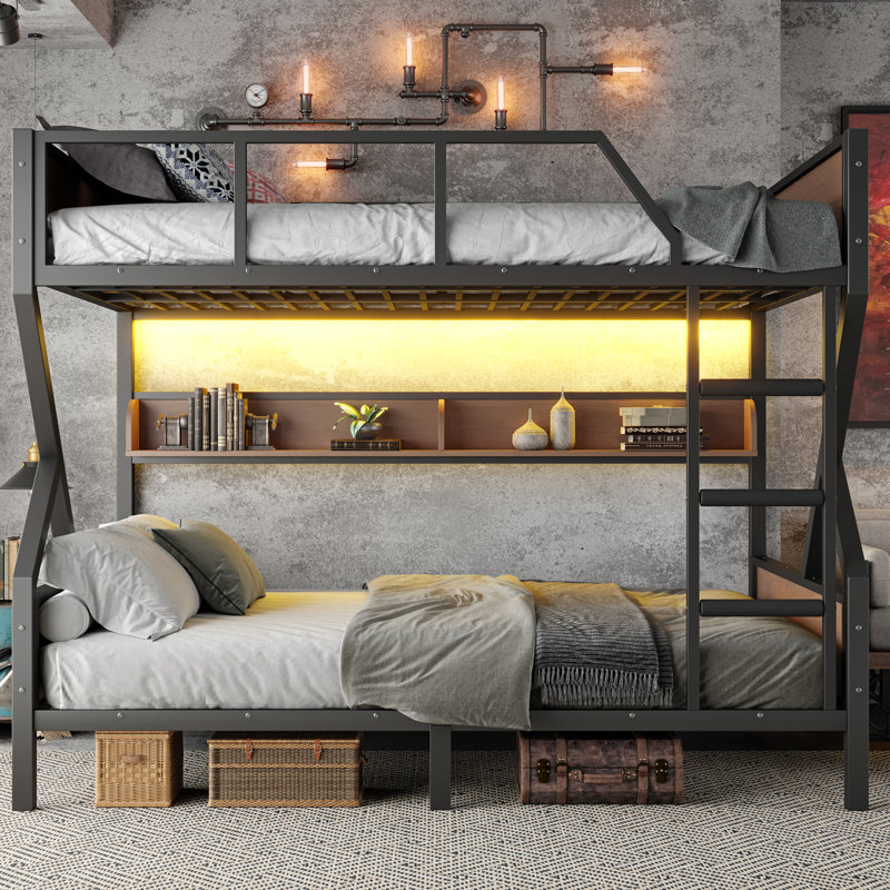 Queen Over Queen Bunk Bed With Storage Shelves And Led Lights, Metal Bunk Bed Frame For Kid Teens, Space-saving & Noise-free Design, Black