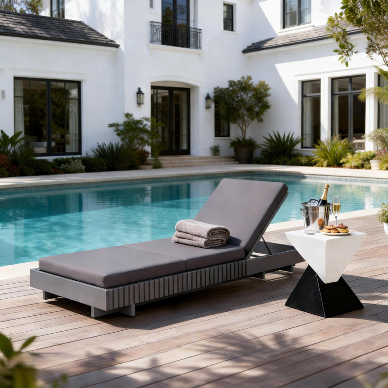 Turan Outdoor Acacia Wood Chaise Lounge Chair With Cushions, Dark Gray, Dark Gray