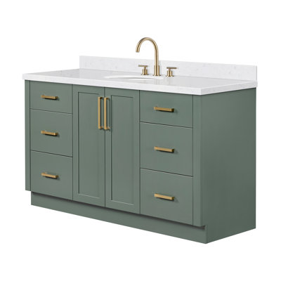 60 Inch Single Oval Sink Bathroom Vanity with Carrara White Quartz Countertop 1.5 Inch in Vintage Green